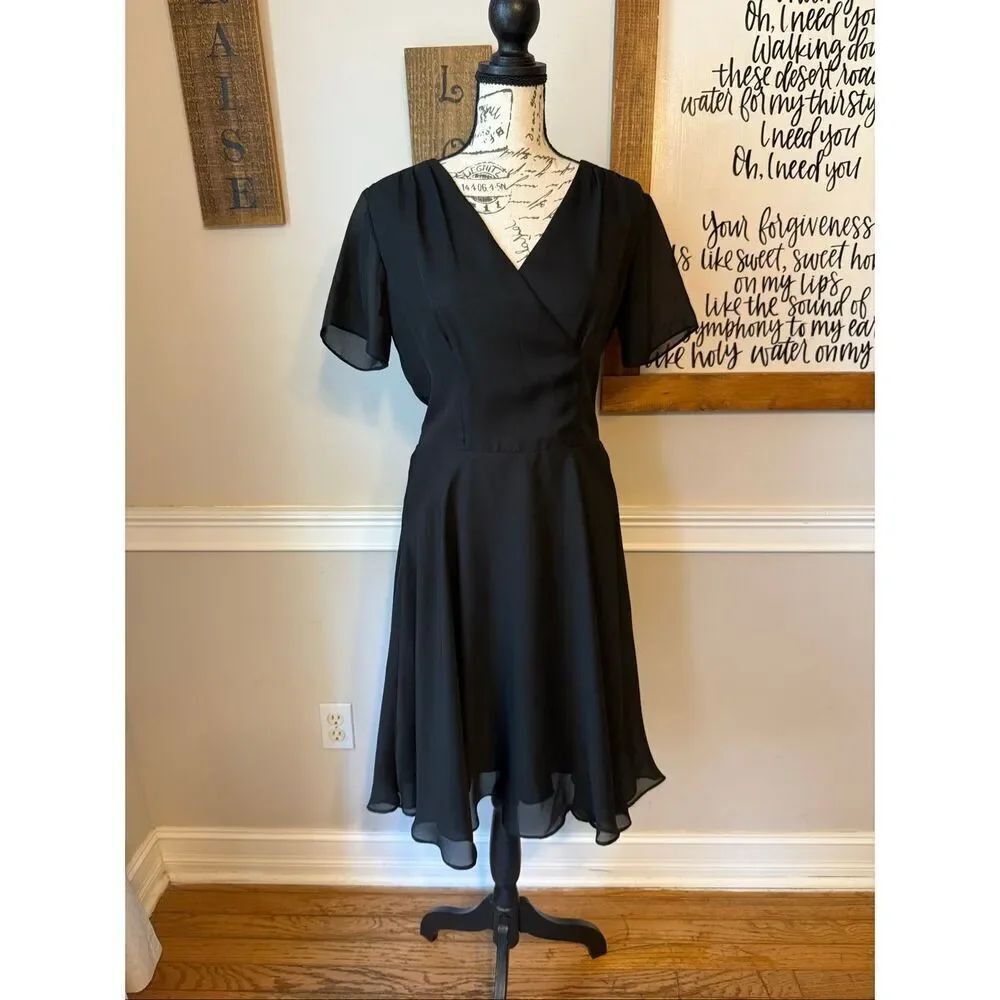 Essentials By ABS Women's Chiffon V-neck Fit And Flare Midi Dress Black Size 8